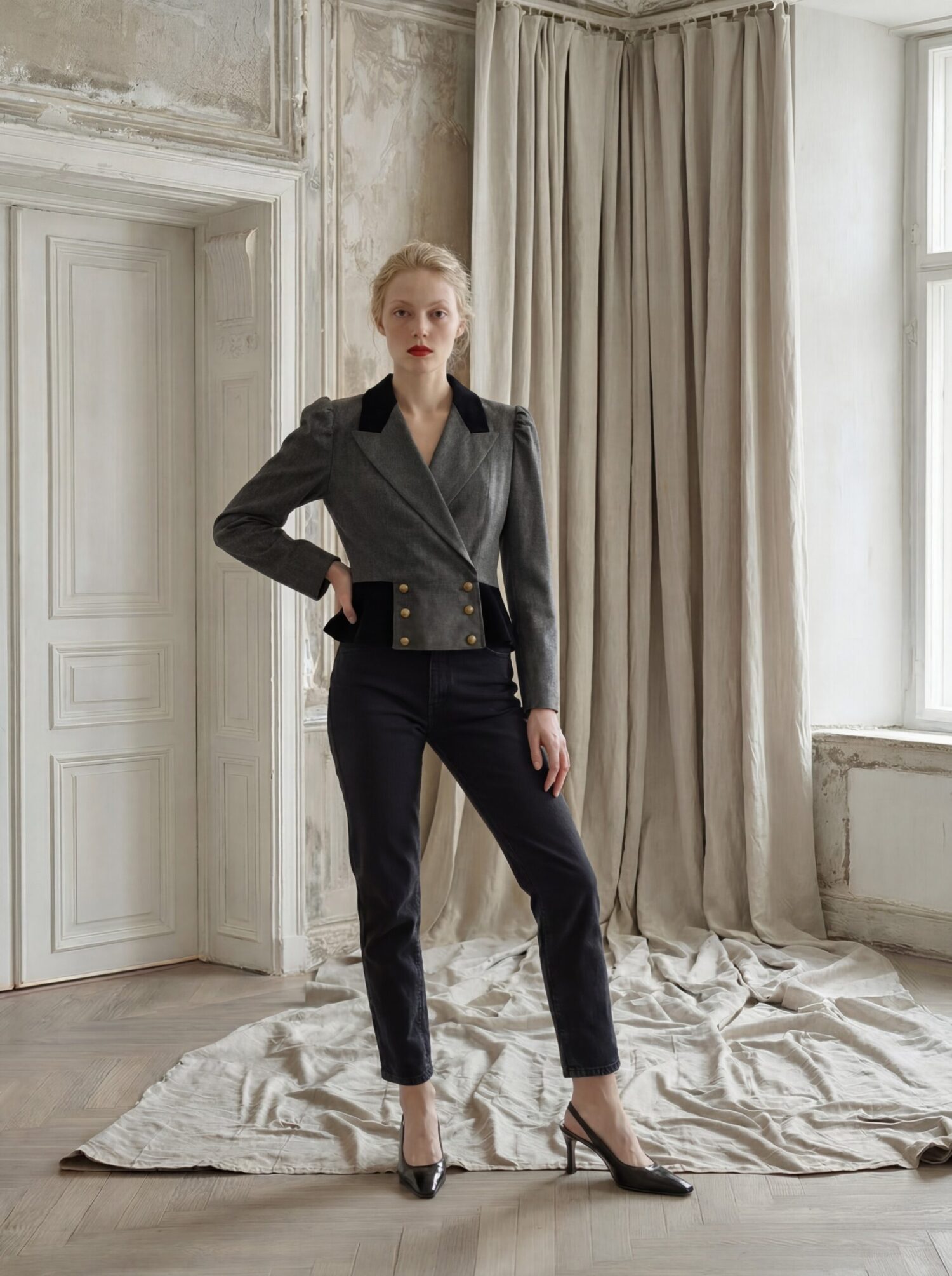 1980s Riding Jacket in Grey Wool & Velvet