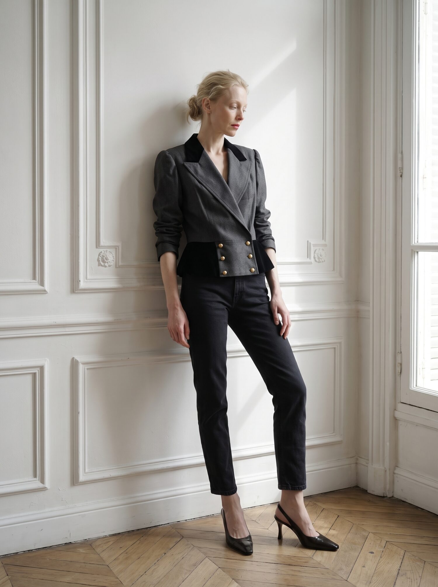 Riding Jacket in Grey Wool & Velvet