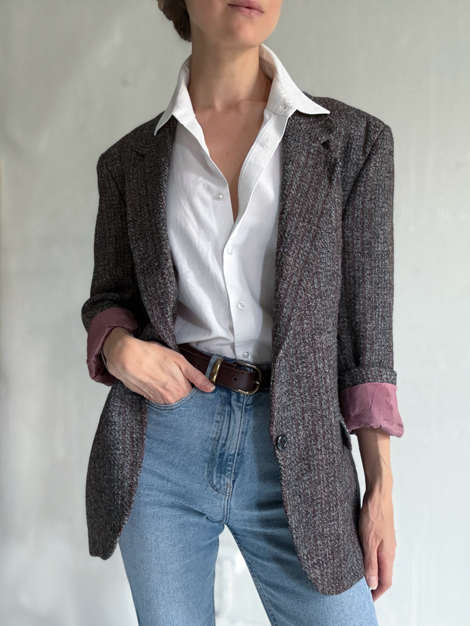 Grey-Pink Herringbone Wool Blazer