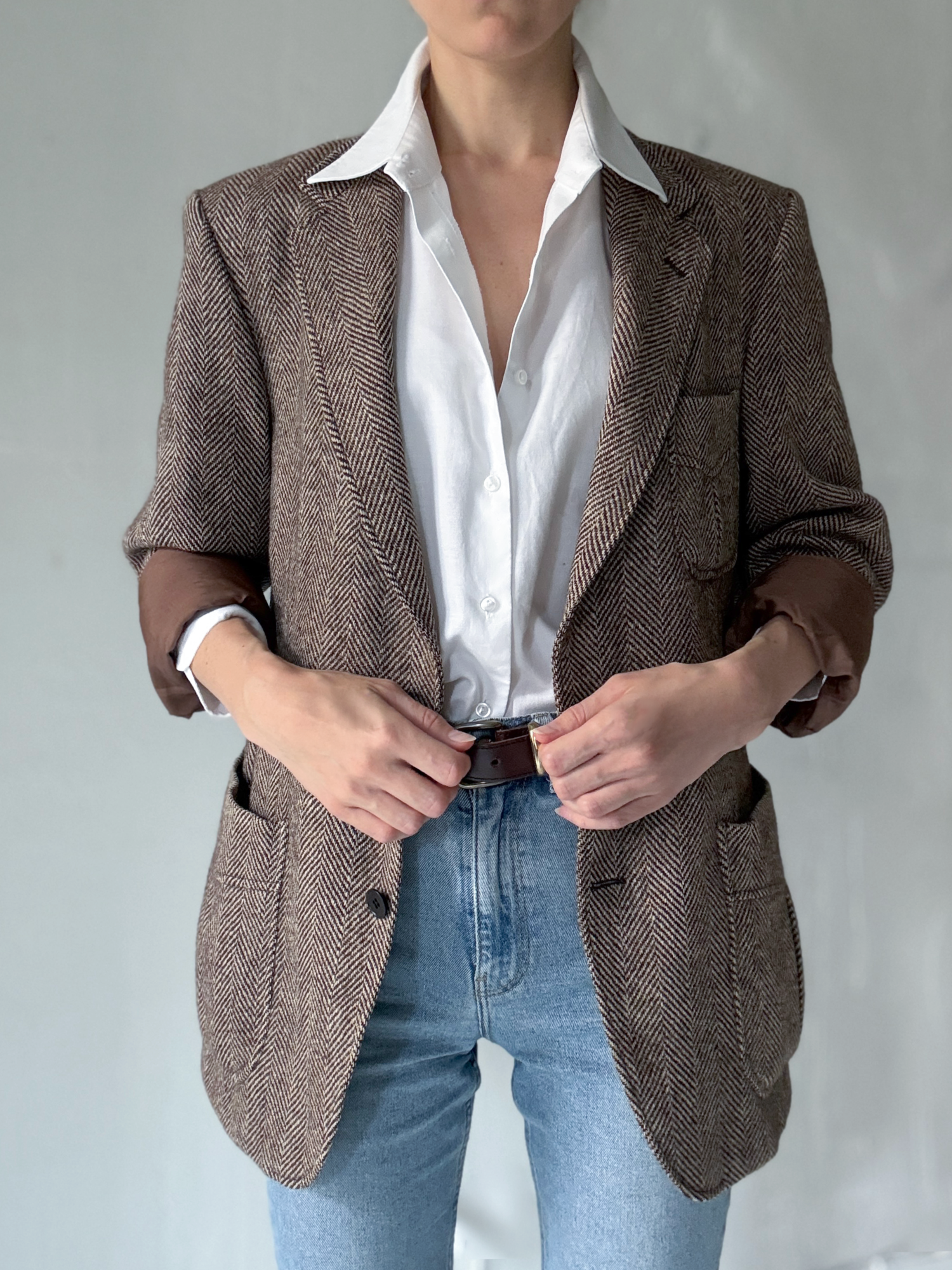 Brown Herringbone Wool Blazer with Pick Stitching