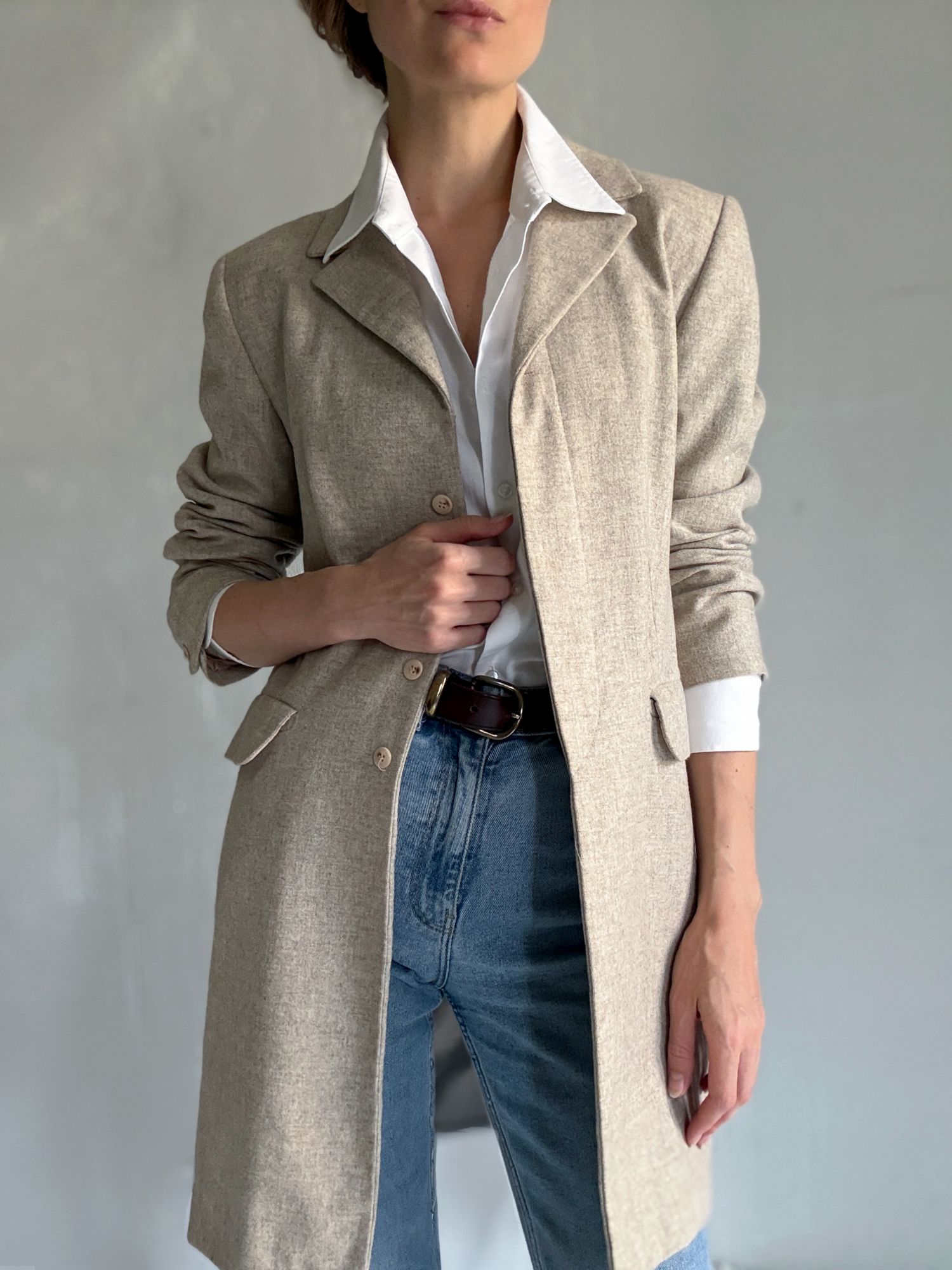 Beige Linen-Blend Longline Blazer