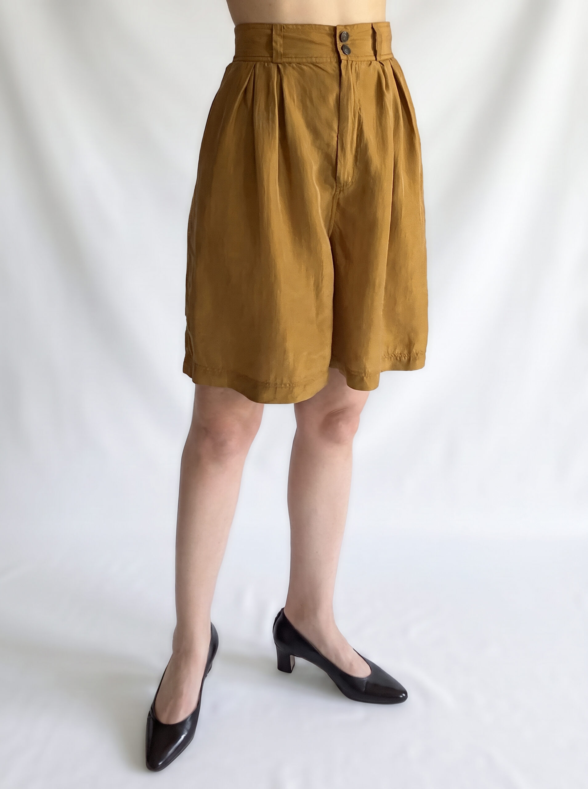 Mustard Silk High-Waisted Shorts